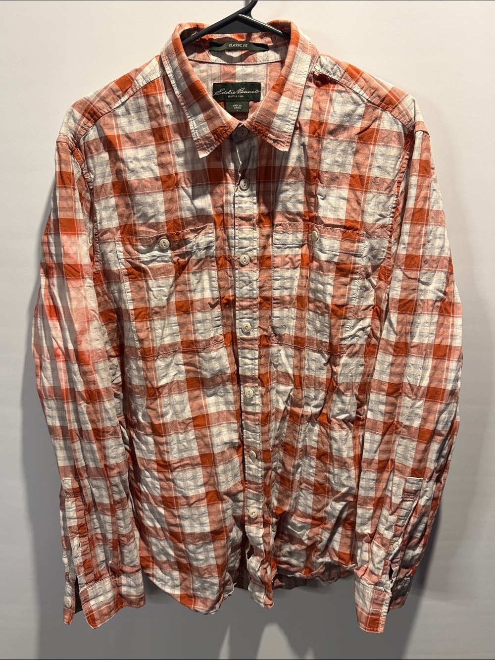 Eddie Bauer Orange and White Plaid Casual Button-Down Shirt Size: L